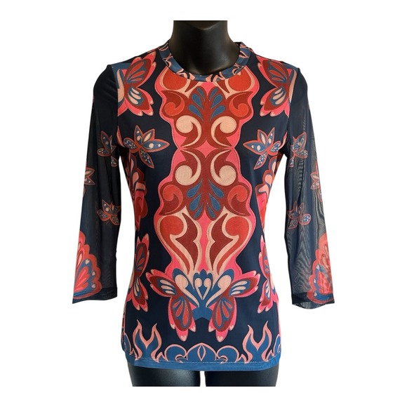 Johnny Was Tops - NEW Johnny Was XS‎ Kaia Mesh Tee T-Shirt Women's Blue Pink Symmetrical Ryland